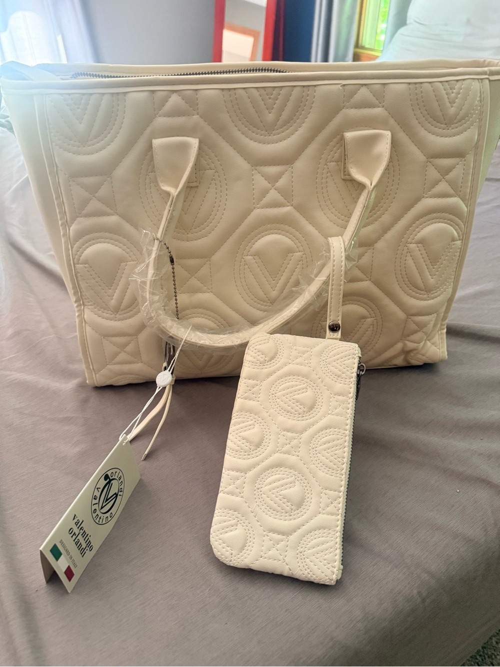 Valentino Orlandi Cream Quilted Tote with Matching Pouch